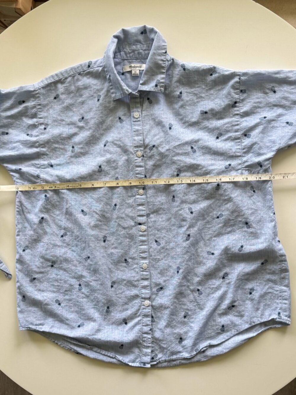 Madewell Shrunken Trapeze Shirt XS Blue Pineapple Print Button Down Tie Sleeve - Picture 3 of 9